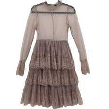 BooHoo Midi Long Sleeve Dress Tule Tiered Size 8 Tan Lace Sheer Romantic