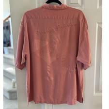 Tommy Bahama Pink Silk Embroidered Cigar Martini Pin Up Camp Cuban Shirt