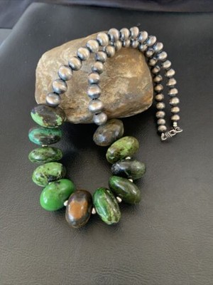 Navajo Chunky Graduated Green Turquoise Necklace Sterling Silver 18'' 11768