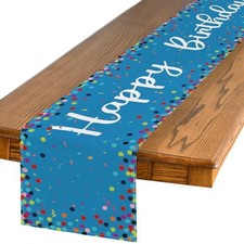 Polka Dot Happy Birthday Table Runner, Seasonal 13" x 72", Table Runner Blue