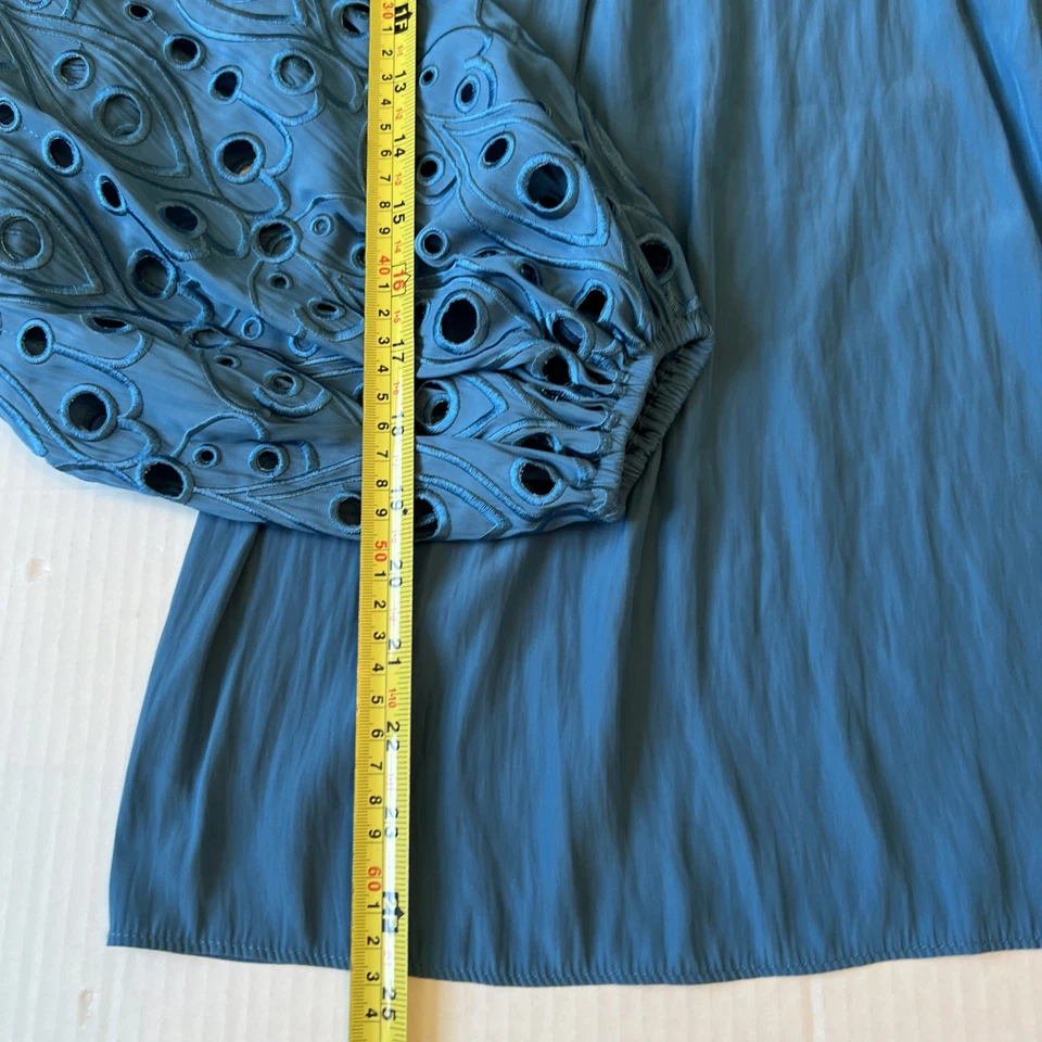 Blusa Ramy Brook S-M Cuello Corbata Manga Larga Bordada Azul Teal/ver Detalles Foto 4 de 4