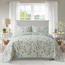 NEWLAKE Cotton Bedspread Quilt Sets-Reversible Patchwork Coverlet Set, Green