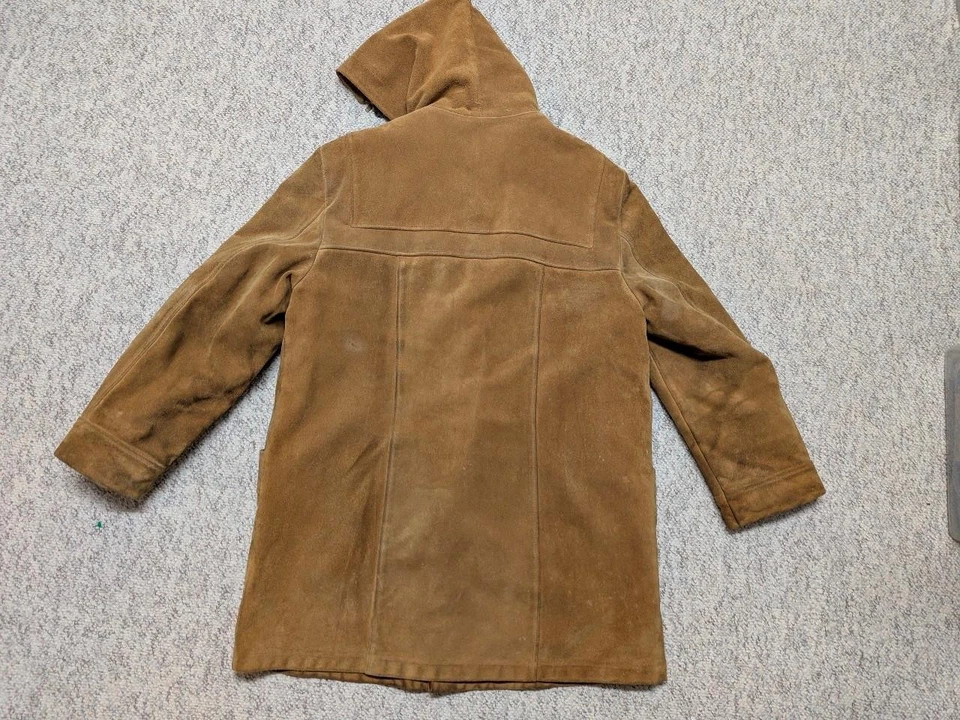 vintage DUFFLE COAT leather COWHIDE split suede 42 brown HOODED wool lined M - Image 2 of 4