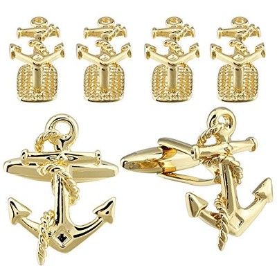 Silver/Gold Cufflinks for Men with Gold ( Anchor Cufflinks with 4 pcs studs)