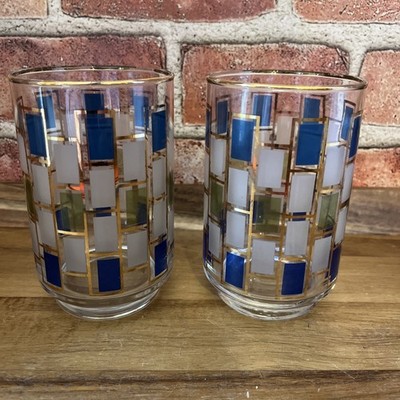 Set of 2 Libbey Nordic Colorblock Gold trim Glasses 8  tall- MCM- Vintage READ