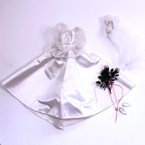 Vintage Barbie 80s Wedding Dress, Pearl Headband Veil, Pink Roses Bouquet, Shoes