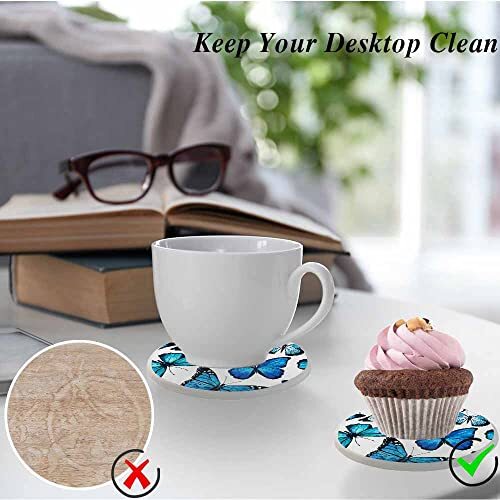 Coasters for Drinks Absorbent Set of 2 Animals Exquisite 4 Inch Butterfly Blue - Picture 5 of 7