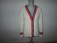 Vtg 70s White Cable Knit Acryic Button Up Front Tennis Cardigan Sweater Preppy M