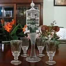 ABSINTHE SCROLL ETCHED ABSINTHE WATER FOUNTAIN SET GLASSES & SPOONS - GIFT