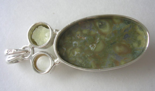 NEW Sterling Silver Green Ocean JASPER CITRINE & PEARL Gemstone Necklace Pendant - Imagen 3 de 4