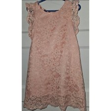  Pink Floral Lace Overlay Long Sleeved Dress Girls 4 Scalloped Hemline