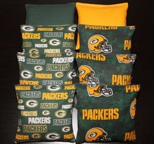 ALL Weather 8 CORNHOLE BEAN BAGS made w Green Bay Packers Fabric ACA Reg
