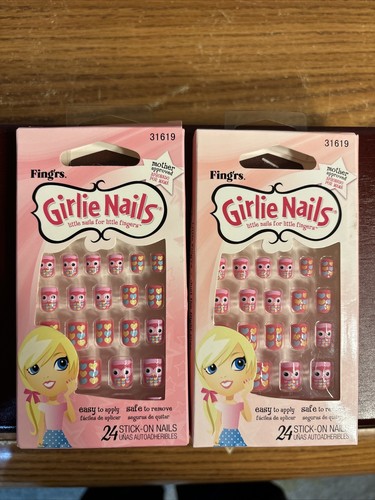 2 Pk Fing’rs Girlie Nails Easy Apply Press on Nails for Kids Pink Owls Heart BUB - Picture 3 of 3