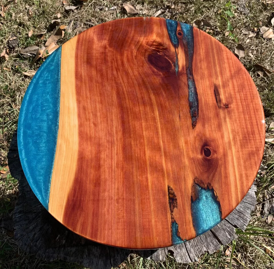 Handmade 18” Round Wood Blue Epoxy Resin Side Table Top Only-image