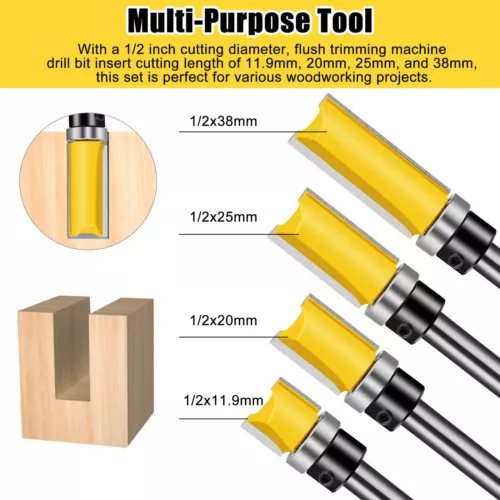 4 Stck. 1/4 Zoll Schaft Top Lager Bündig Trim Hartmetall Router Bit Set Fräser USA - Bild 7 von 11