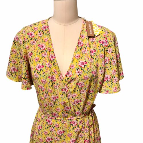 Roller Rabbit Yellow Floral Flutter Wrap Dress NWT Midi Ruffle Cottagecore Sz XS - Picture 2 of 11