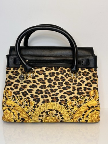 GIANNI VERSACE Baroque Barocco Leopard Canvas & Black Leather Vintage RARE