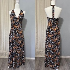 Express Floral Halter Maxi Dress Black Orange Blue T-Back Slit Size S Bohemian
