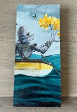 Robots In Rowboats Art by Lauren Briere Birdy Bot Print 8.5” x 3” Wood Panel