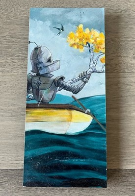 Robots In Rowboats Art by Lauren Briere Birdy Bot Print 8.5  x 3  Wood Panel