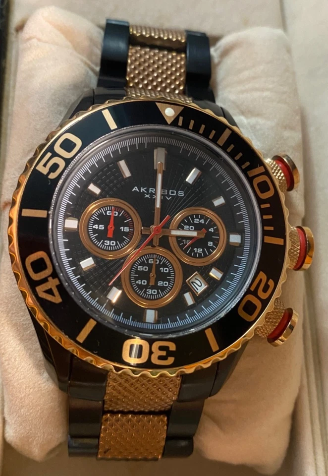 Akribos XXIV Men's Chronograph-AK512TT-Stainless Black Red Rose Gold H2F - Image 3 of 4