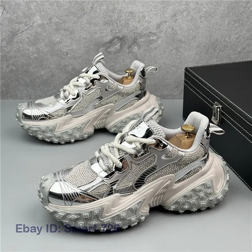 Men Rhinestones Thick Bottom Lace Up Comfort Sneakers Flats Shoes Fashion - Picture 17 of 32
