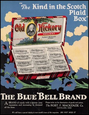 1919 Blue Bell Brand Cleveland Ohio Old Hickory Nougat Scotch Plaid Box Print Ad
