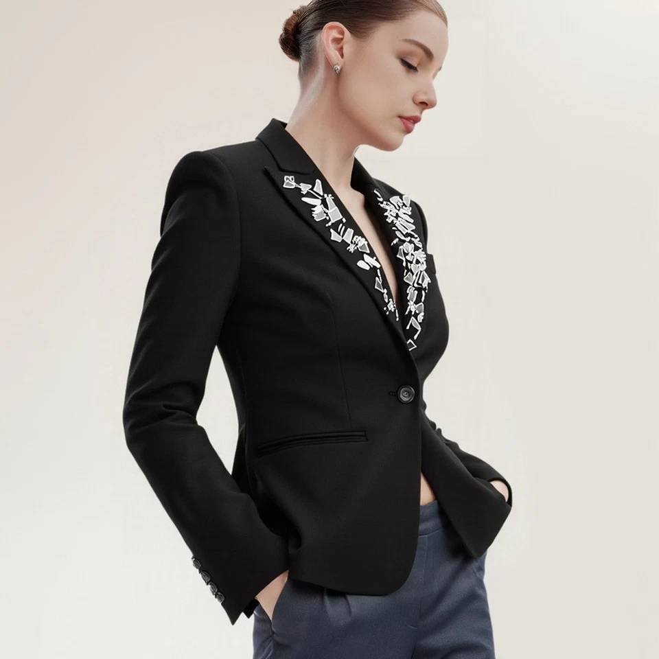 Nuevo Blazer Mujer Cuello Solapa Negro Cuello Cuentas S-2XL Top Oficina Abrigos Formales Foto 2 de 4