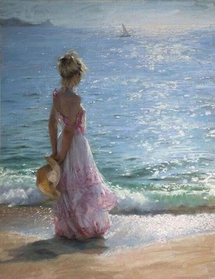 MQ701 Stretched Canvas Frame / Unframed Long Dress Girl Hat Seaside Oil Painting
