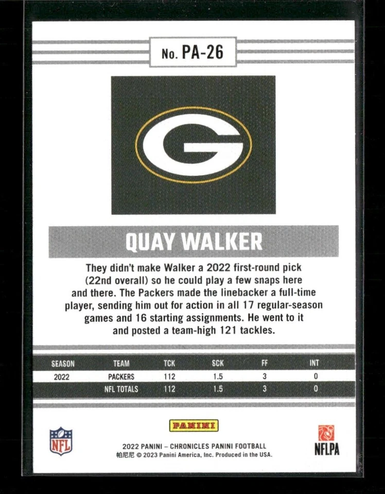 Quay Walker 2023 Panini Chronicles Rookie Green Bay Packers #PA-26 - Image 2 of 2
