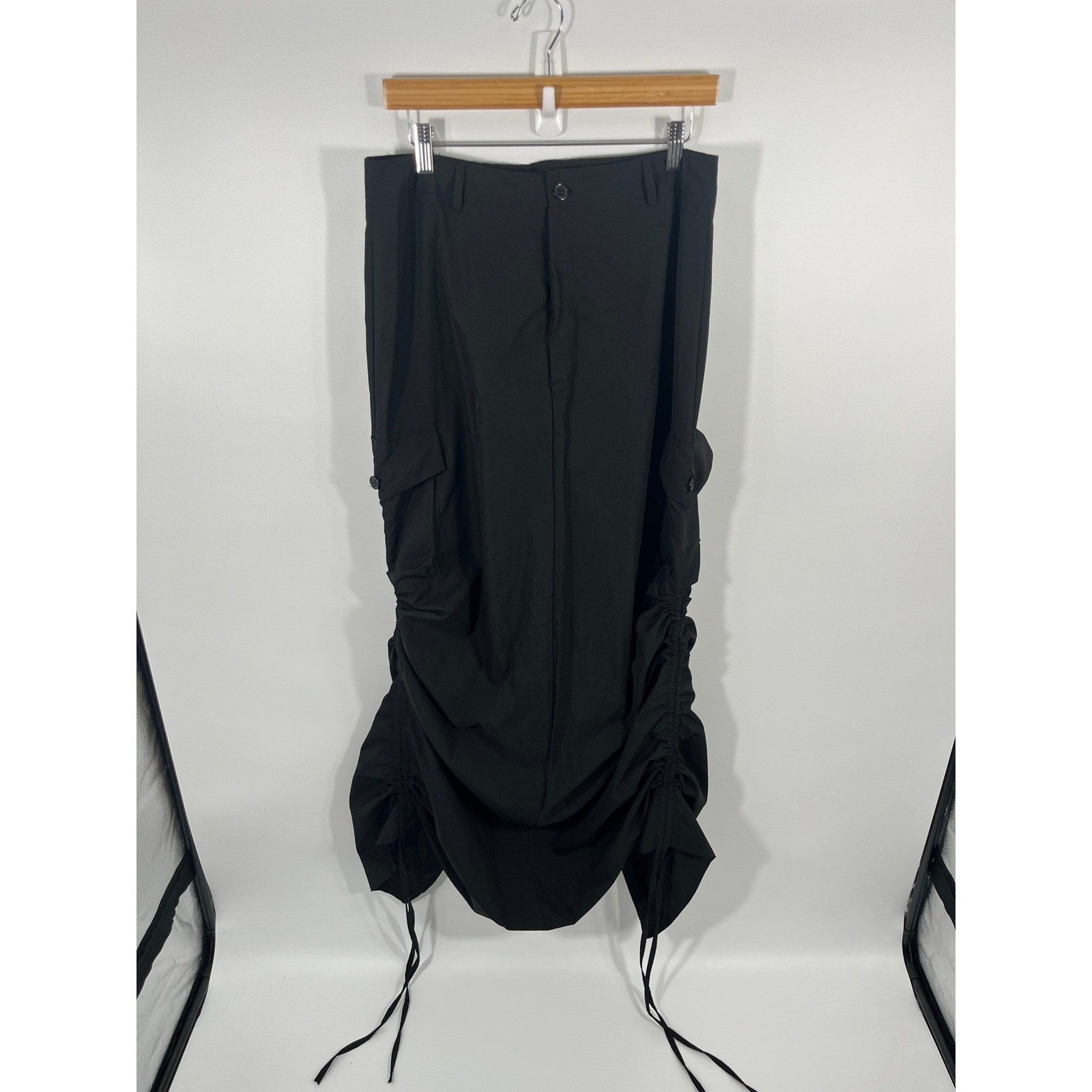 Y2K Womens Cargo Maxi Skirt XL Black Ruched Adjustable Street Grunge Emo Goth