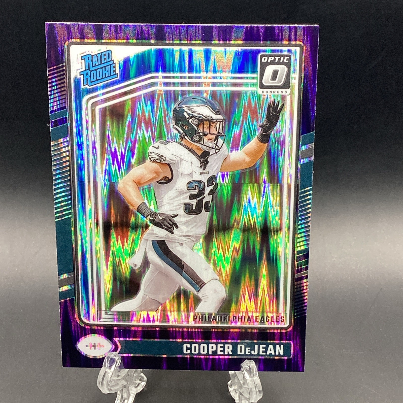 Cooper DeJean Rated Rookie Purple Shock Prizm 2024 Panini Donruss Optic #221