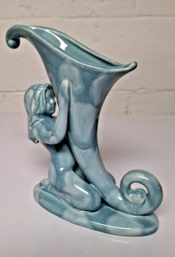 Vintage Royal Haeger Blue Art Deco Nude Nymph Girl Cornucopia Vase 1940s - 1950s