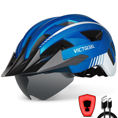 Bike Helmet with USB Rechargeable Rear Light Detachable Magnetic Goggles Remo...
