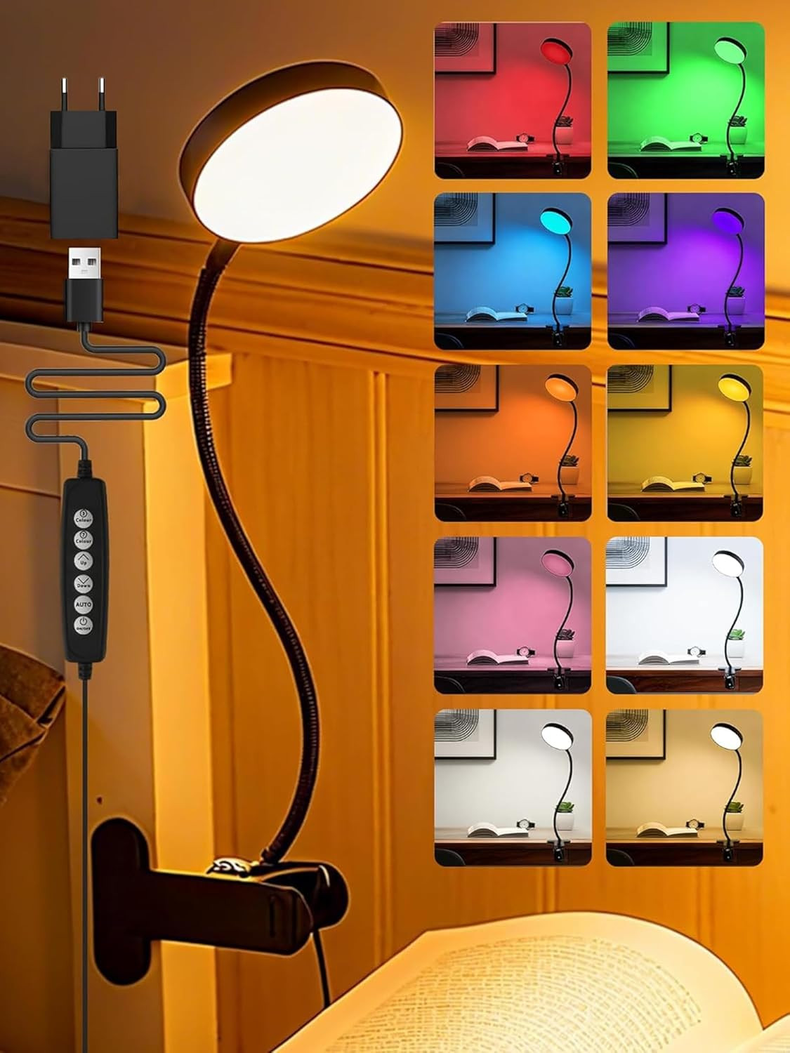 Lampe de lecture pour lit contre la fatigue oculaire avec intensité variable et 10 couleurs