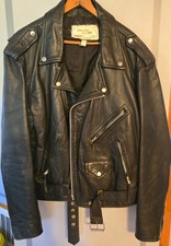 Men s Black Leather Biker Jacket Size 44/Chest 44 Full Zip Belted Lined