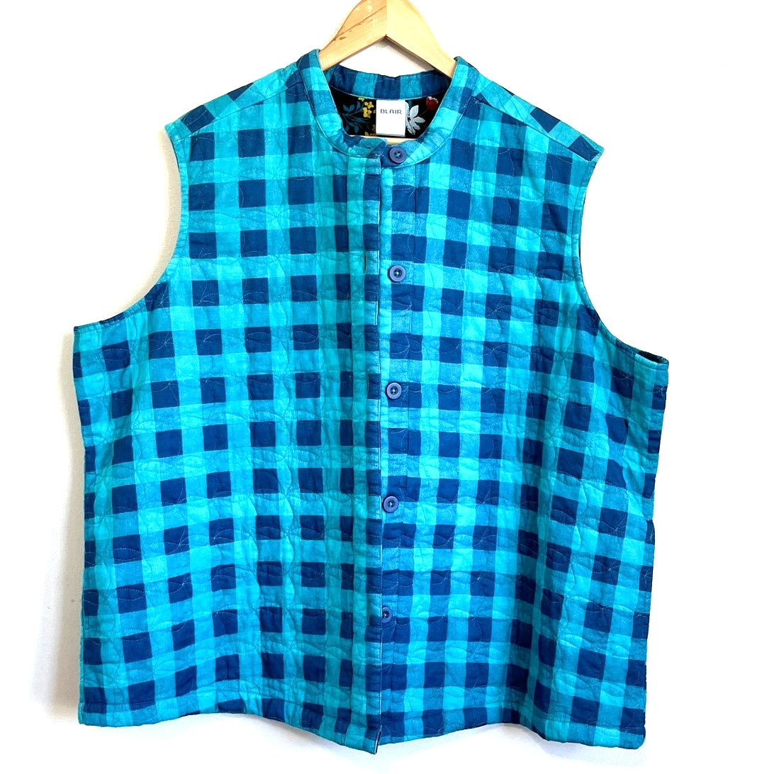 Blair Women Vest Size 2XL Blue Quilted Plaid Artsy Boho Lagenlook Boxy Lagom