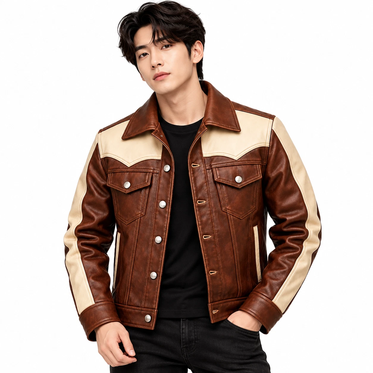 Mens Lambskin Leather Trucker Jacket Brown Cream Western Cowboy Vintage Coat image 1