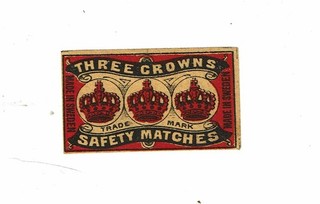 1 Old Sweden c1900s matchbox label depicting Three Crowns size 56x33mm