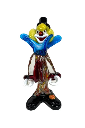 Vintage Murano Art Glass Colorful Clown 7.75" With Top Hat & Original Sticker