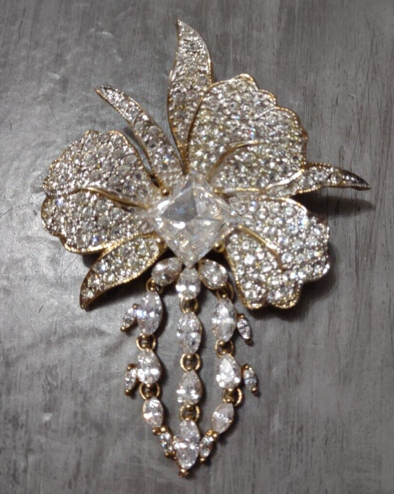 Nolan Miller Goldtone Diamante Rhinestone Pave Orchid Brooch w/Crystal Drops