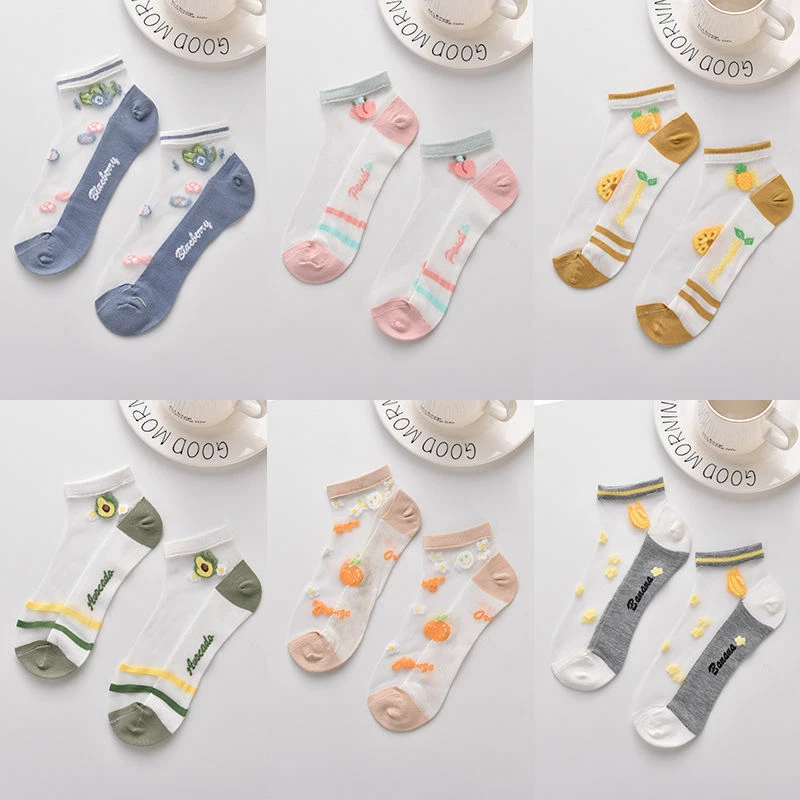 5 pares de calcetines transparentes de seda de encaje de frutas para mujeres niñas informales delgados de verano nuevos Foto 4 de 4