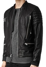 Men Bomber Genuine Lambskin Black Motorcycle Leather Biker Jacket XS-2XL FB148