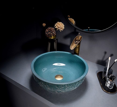16"Round Ceramic Vessel Sinks Bathroom Sink Bowl Above Counter with Mixer Tap - Picture 2 of 2