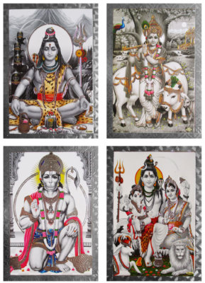 ALTARBILD Prägedruck Shiva Hanuman Krishna Radha Kali Durga Parvati div. Motive