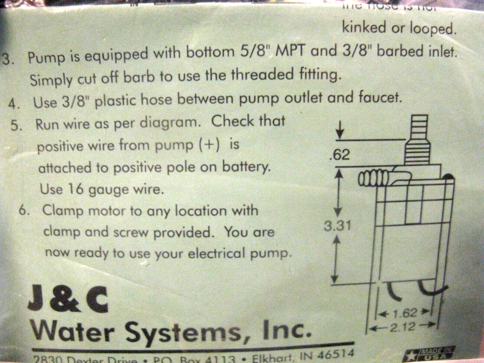 J & C Water Systems Electric Water Pump for RV, Van , Marine Use Model