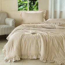 Tan Ruffle Gingham Comforter Set Queen, Pre-Washed Ruffled Taupe Plaid Checked C