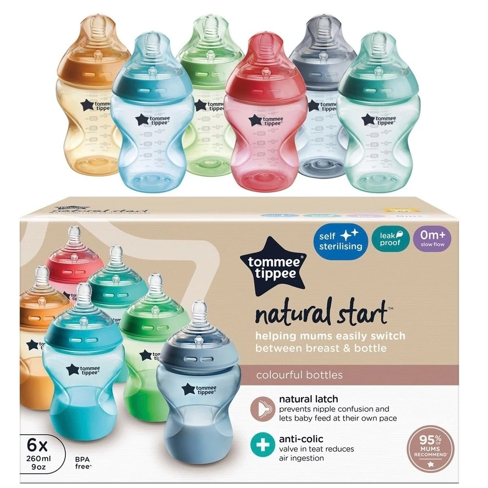 6x Tommee Tippee Natural Start Anti-Colic Baby Bottles 260ml Slow-Flow Multi Col