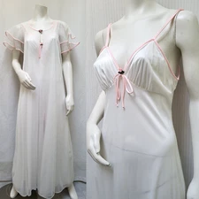 Vintage 2 Piece VAL MODE White Nylon Chiffon PEIGNOIR Robe & Nightgown - Size M