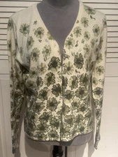 Sara Spencer Tan/Green Floral Cottagecore Cardigan Wool & Angora Blend Size Xl
